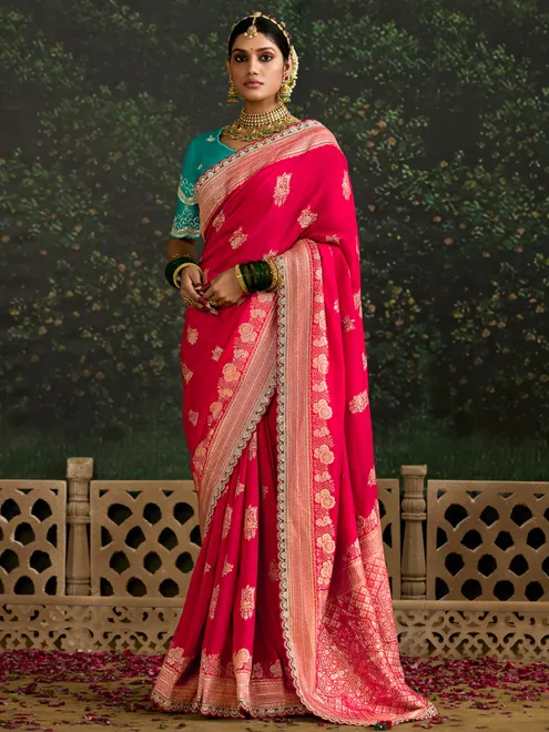 Magenta dola silk saree with contrast unstitched blouse