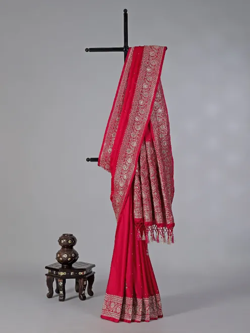 Magenta dola silk saree with zardosi and mirror work