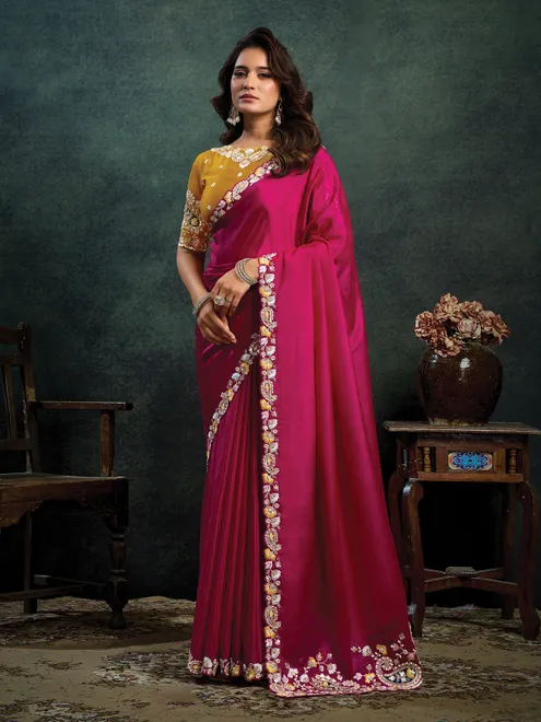 Magenta embroidered satin silk wedding saree