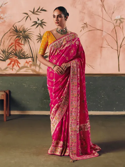 Magenta georgette bandhej zari woven designer saree