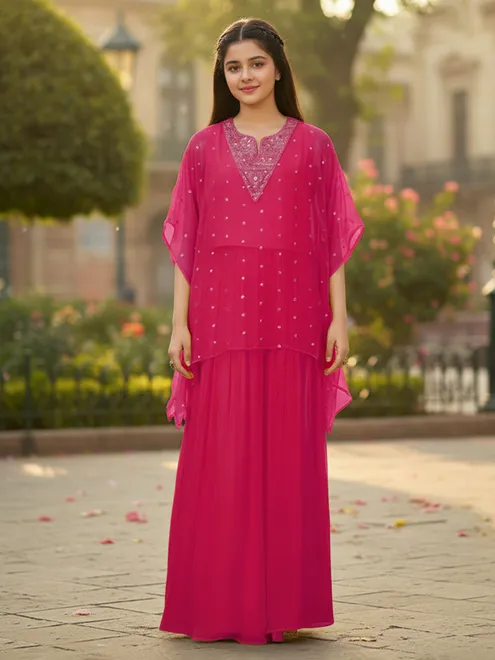 Magenta georgette kaftan style sequined palazzo suit