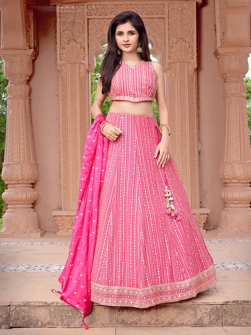 Magenta georgette lehenga choli with sequins shine