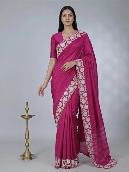 Magenta issue silk saree with cutwork border