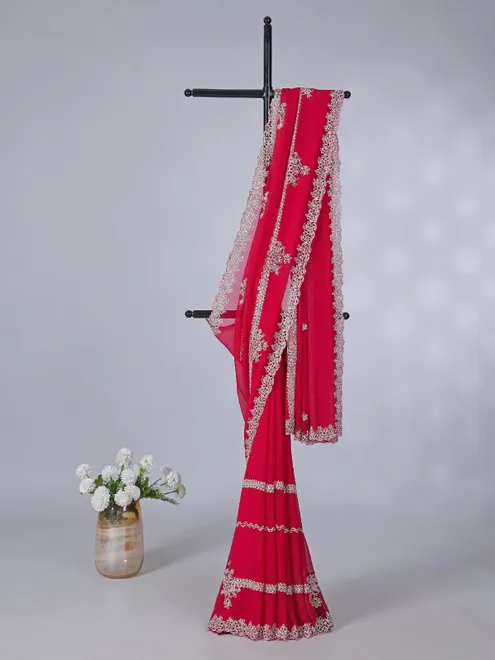 Magenta organza saree with diamond detailing