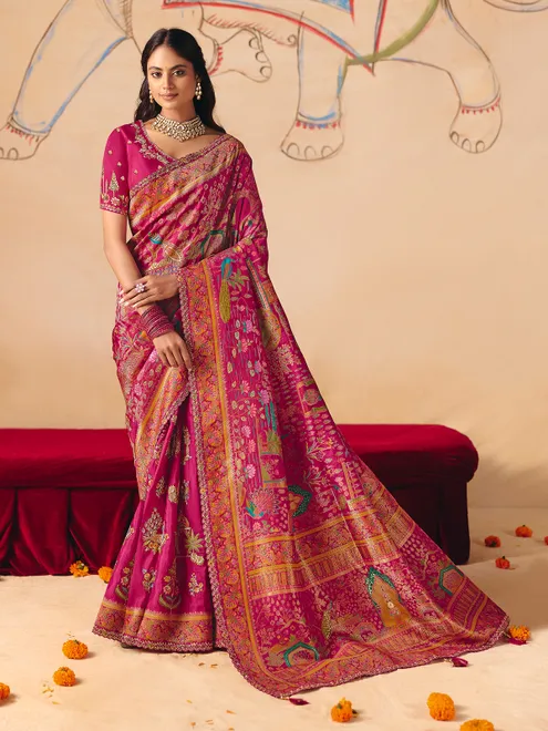 Magenta pink lotus peacock motif banarasi silk treasure