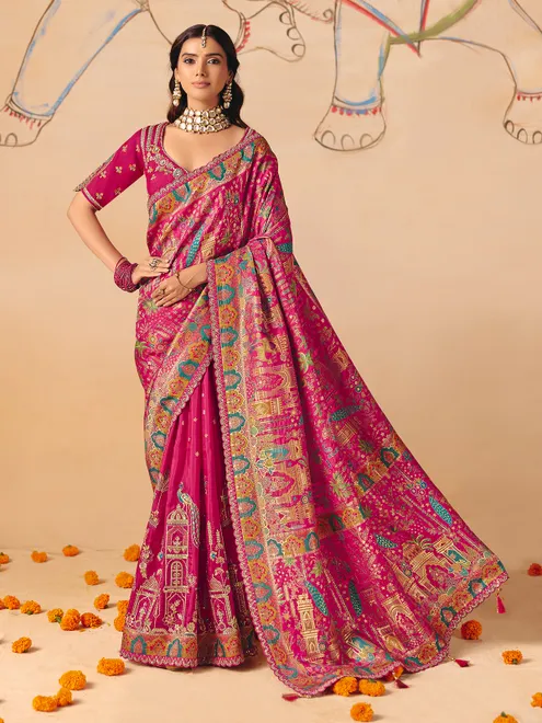 Magenta pink peacock temple pattern banarasi silk creation