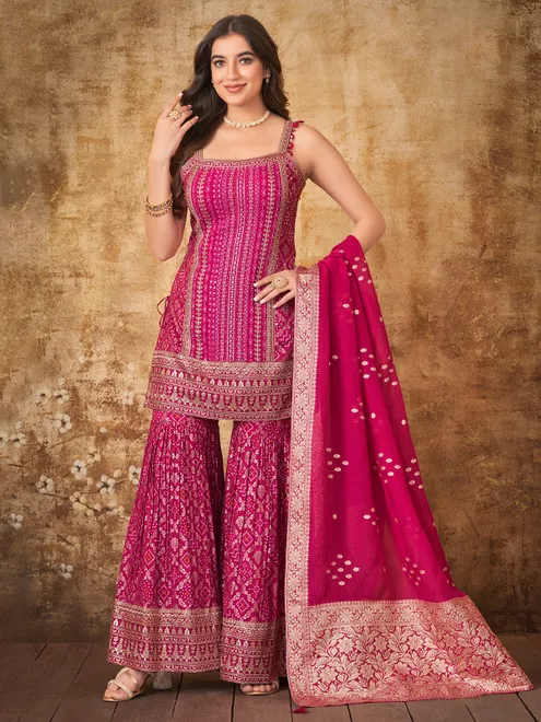 Magenta prinrted sharara suit