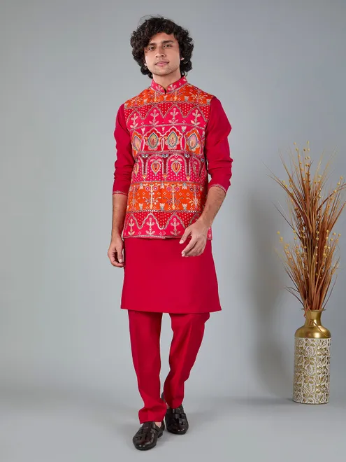 Magenta printed silk and viscose resham work waistcoat set