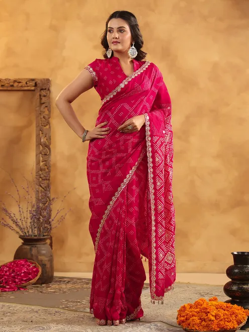 Magenta printed silk saree with resham detailing