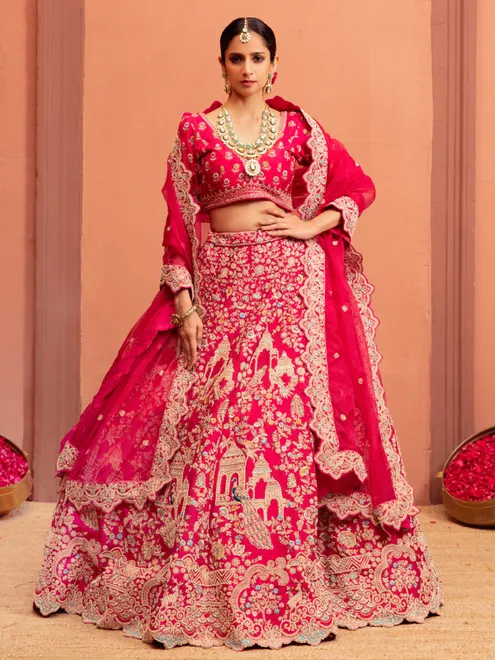 Magenta raw silk bridal lehenga choli with dupatta