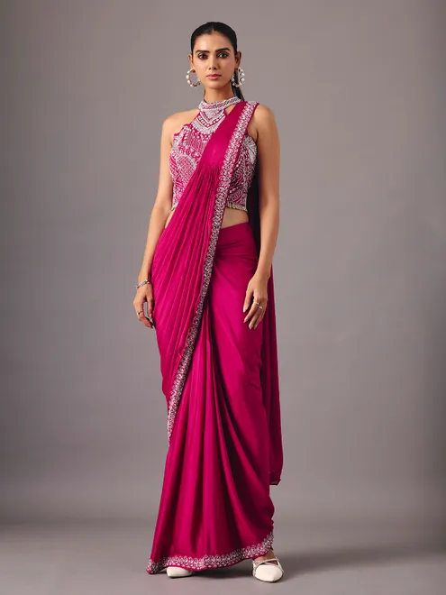 Magenta ready to wear saree with embellished halter blouse