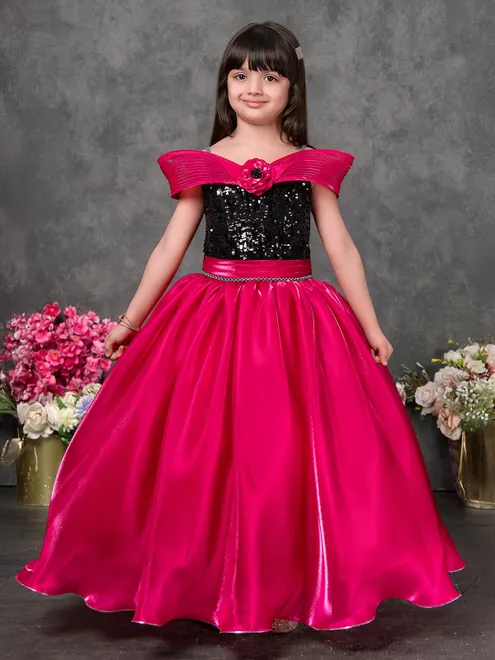 Magenta satin silk designer gown with pearls