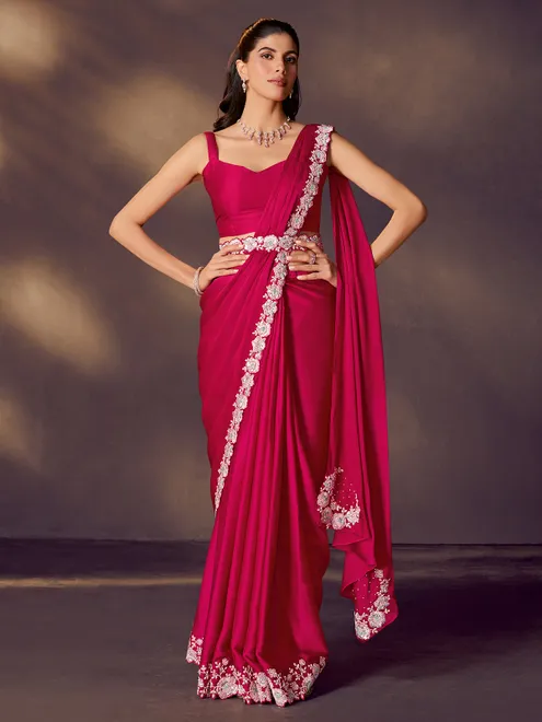 Magenta satin silk jacket style saree with stone detailing
