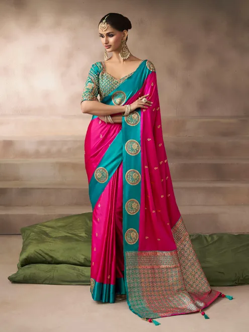 Magenta satin silk saree with elegant embellishments