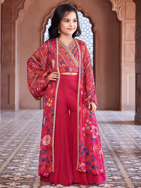 Magenta sharara suit with printed shrug