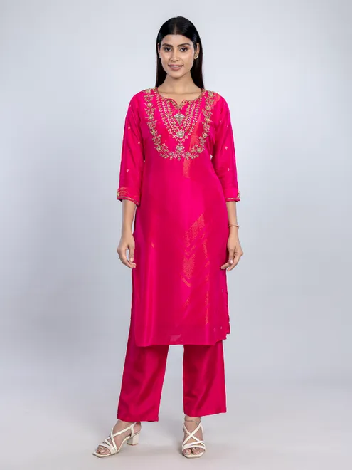 Magenta sil kurti set with cutdana work