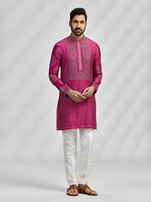 Magenta silk bandhani embroidered festive kurta suit