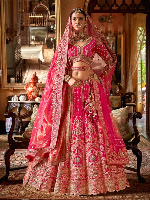 Magenta silk bridal lehenga choli with sequins glow
