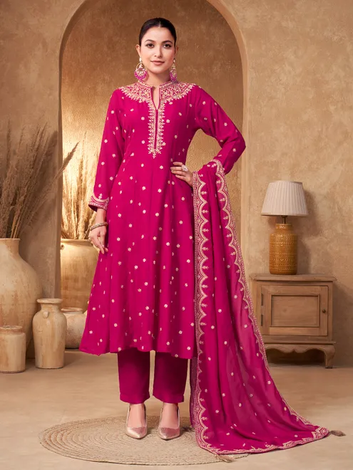 Magenta silk collar neck anarkali suit