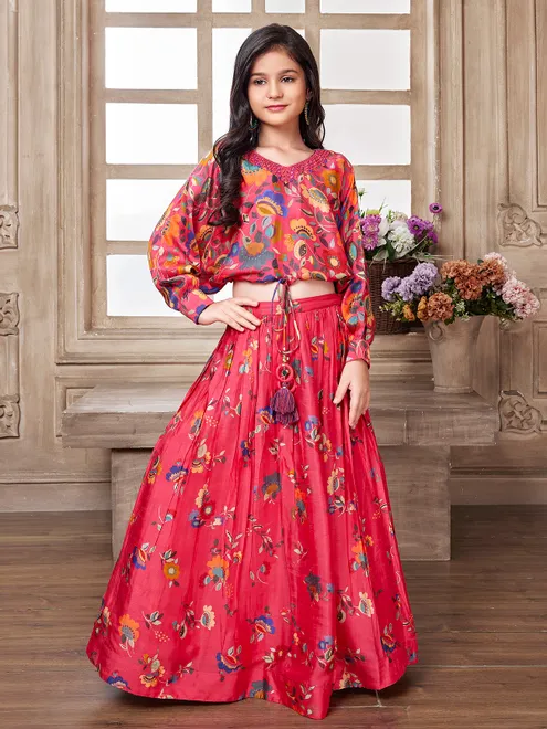 Magenta silk crop top with lehenga