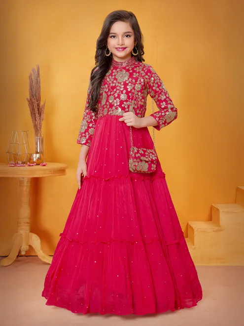 Magenta silk floor length gown with sequins