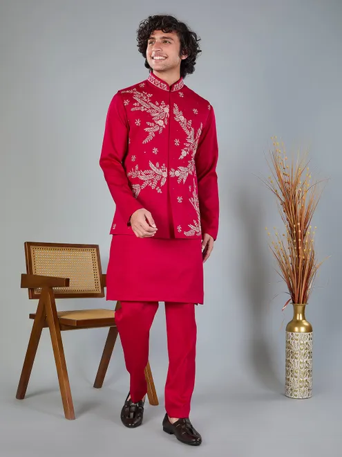 Magenta silk heavy embellished waistcoat set