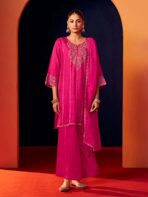 Magenta silk kurti set with palazzo and dupatta