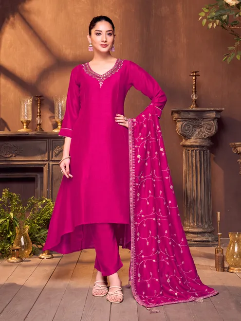 Magenta silk mirror work salwar suit