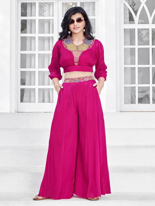 Magenta silk palazzo suit for girls