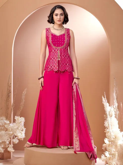 Magenta silk palazzo suit with zari highlights