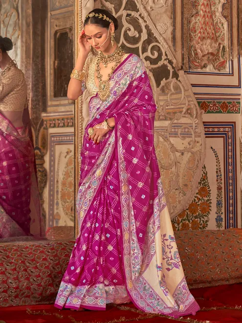 Magenta silk printed saree with zari work