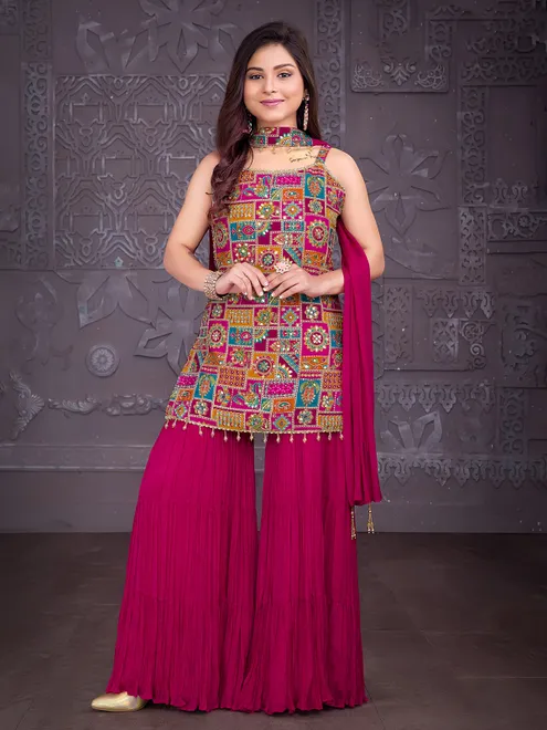 Magenta silk sharara suit with mirror work for festive