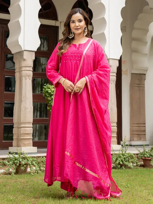 Magenta silk straight cut kurti set with dupatta