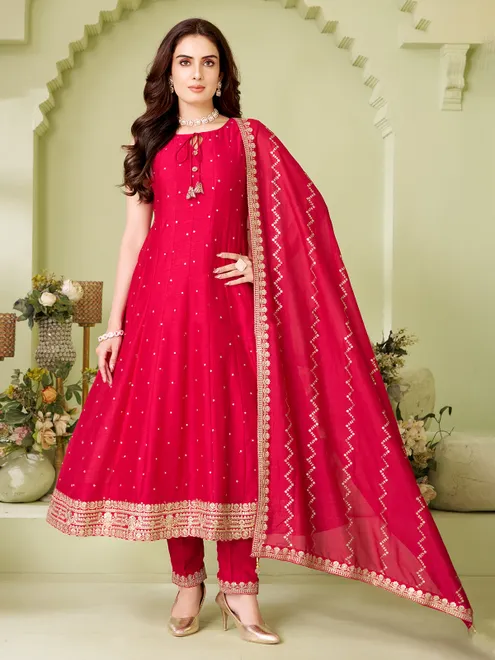 Magenta silk straight cut salwar suit with dupatta