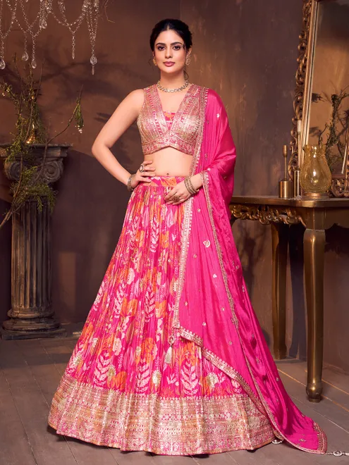 Magenta silk V neck printed lehenga choli