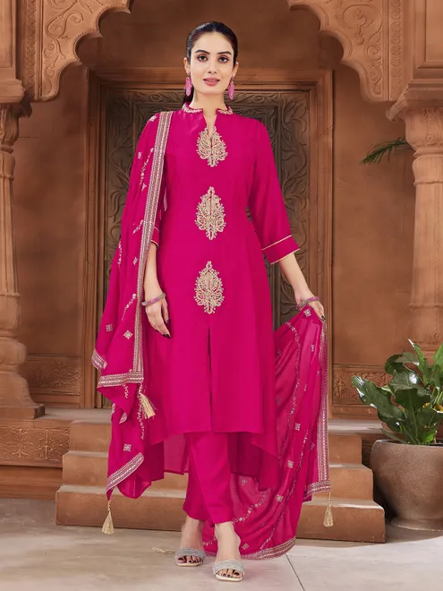 Magenta silk zardosi embellished salwar suit