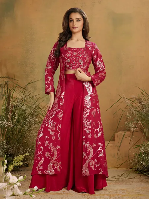 Magenta silk zardosi shrug palazzo suit
