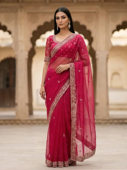 Magenta tissue georgette sequins work saree