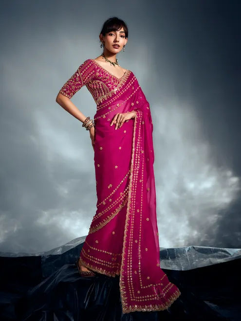 Magenta tissue organza festive saree