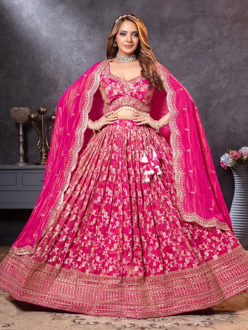 Magenta tissue silk lehenga choli with intricate zari
