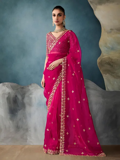Magenta tissue silk wedding wear saree