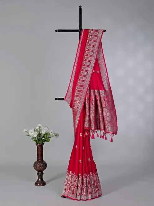 Magenta zari butti work satin silk saree