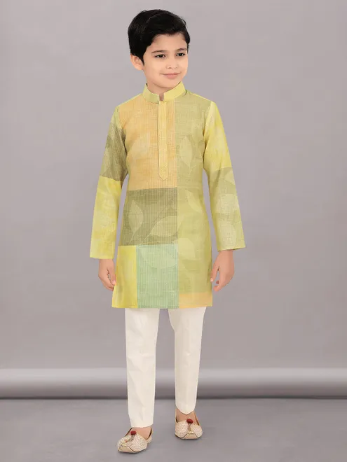 Mahendi yellow printed kurta suit for boys