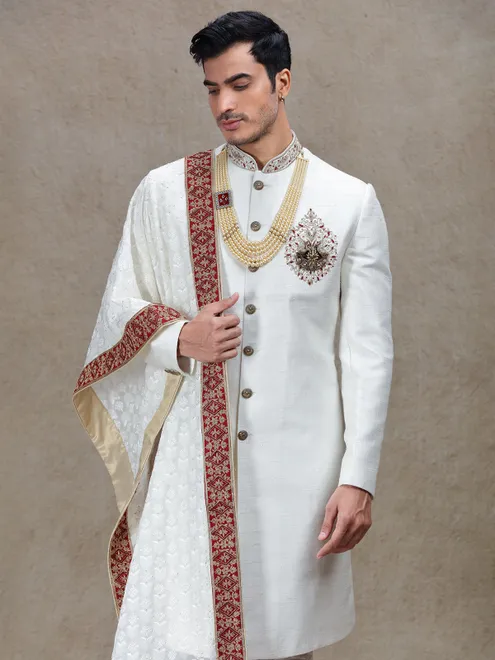 Majestic Off white sherwani with embroidery dupatta