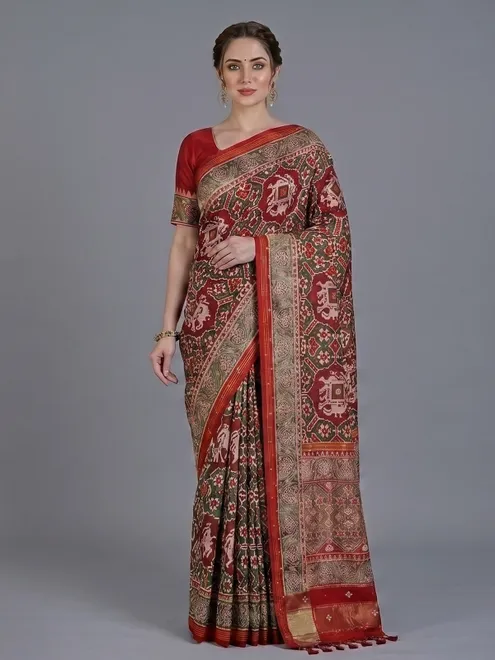 Maroon and green art patola silk saree with motifs