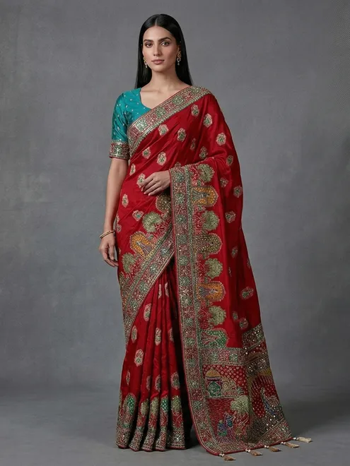 Maroon art silk zardosi and mirror work wedding saree
