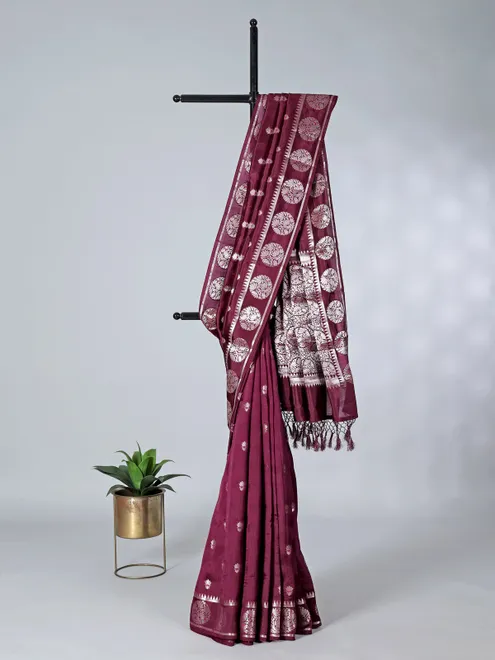 Maroon art silk zari butti wedding saree