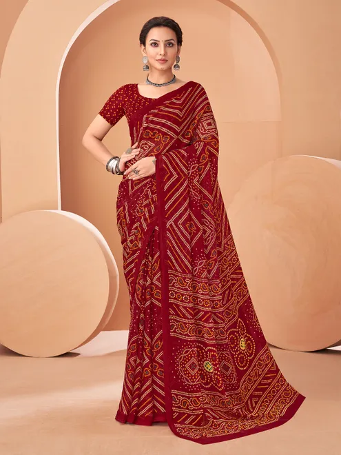 Maroon bandhani printed chiffon saree