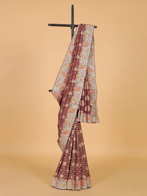 Maroon bandhani printed cotton silk saree