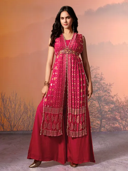 Maroon bandhej printed silk palazzo suit